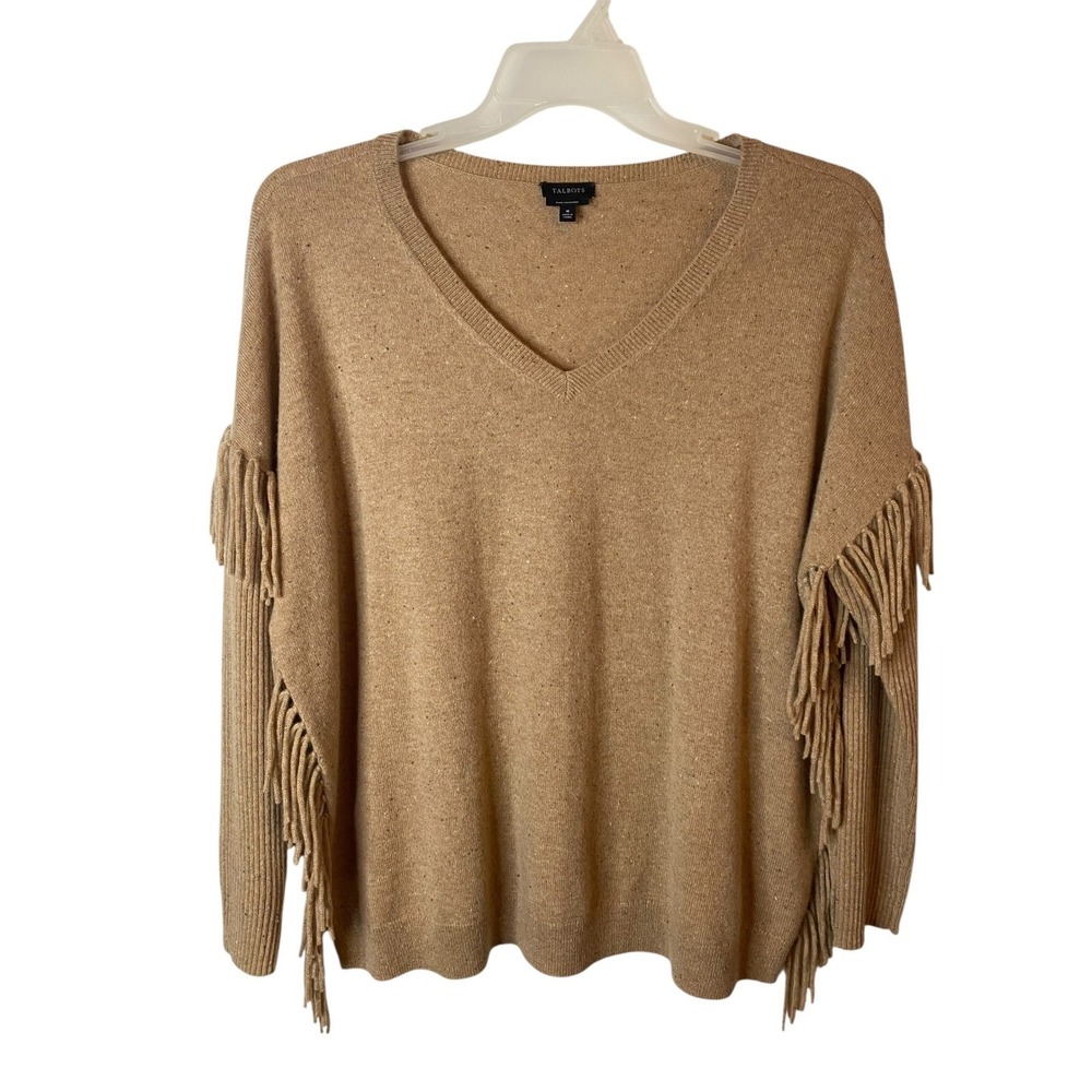 Talbots Womens Tan 100% Pure Cashmere Fringe V-Neck Pullover Sweater Medium